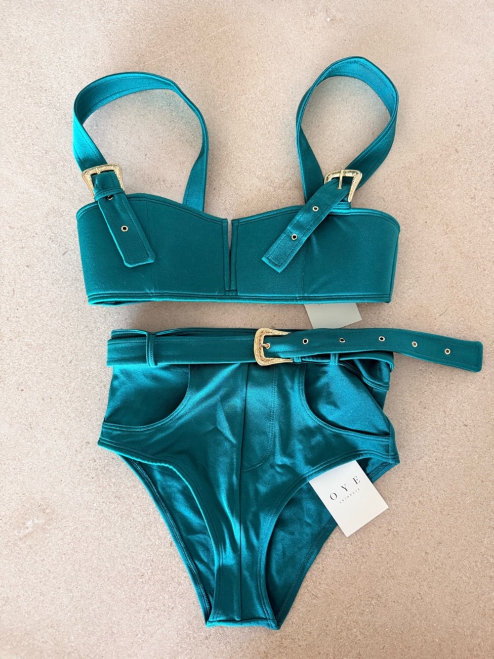 Teal High-Waist Bikini Set with Gold Buckle — Women Swim Bikini - Picture 6 of 8